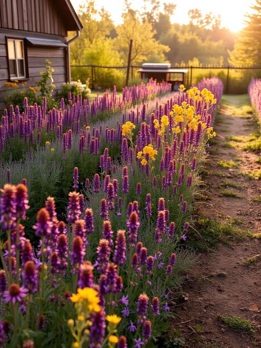 Rows of flowering herbs beside the farmstead barn at sunrise
